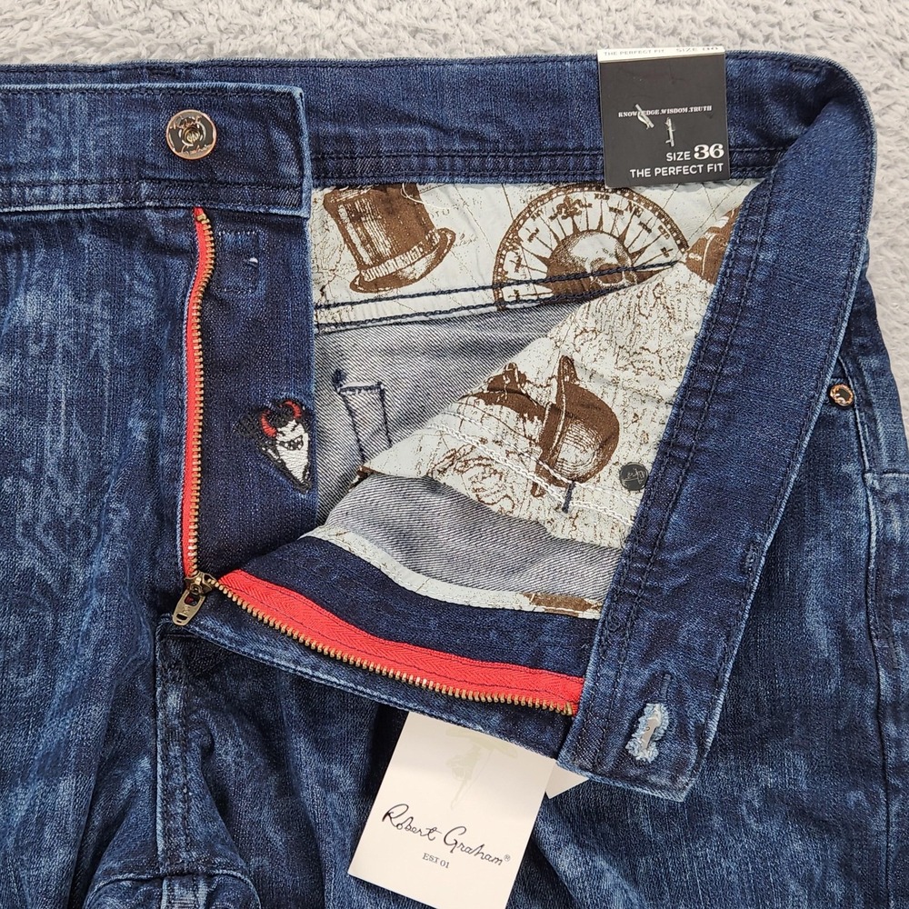 Robert Graham The Perfect Fit Jeans Mens 36x32 Dark Indigo Floral Stretch Denim - Picture 11 of 16